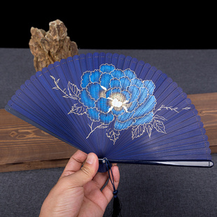 折扇古风全竹扇古典工艺品随身小扇子礼品扇 中国风描金牡丹花女式