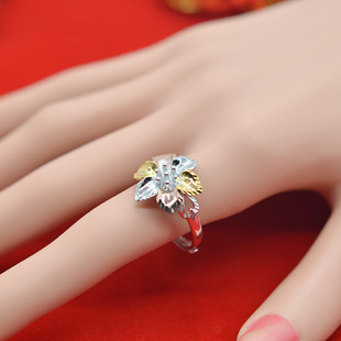 s925银镀彩金戒指花朵樱花文艺夸张指环甜美可爱开口彩银女款 正品