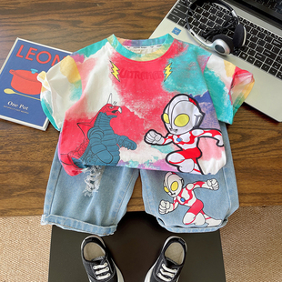 T恤 时髦儿童短袖 短裤 两件套扎染宝宝夏季 套装 奥特曼衣服男童夏装