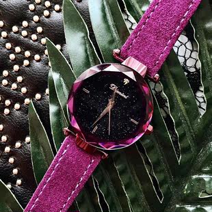表大气个性 星空表盘款 紫色皮表带时尚 款 女蒂米妮士手表新款