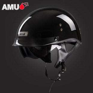 正品 AMU头盔男摩托车半盔女夏季 玻璃钢复古哈雷机车瓢盔太 轻便式