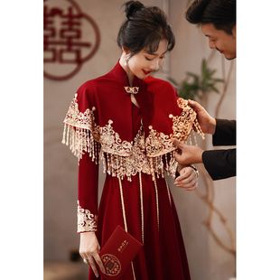 复古 中式 旗袍敬酒服新娘酒红色出阁宴订婚礼服连衣裙披肩回门便装