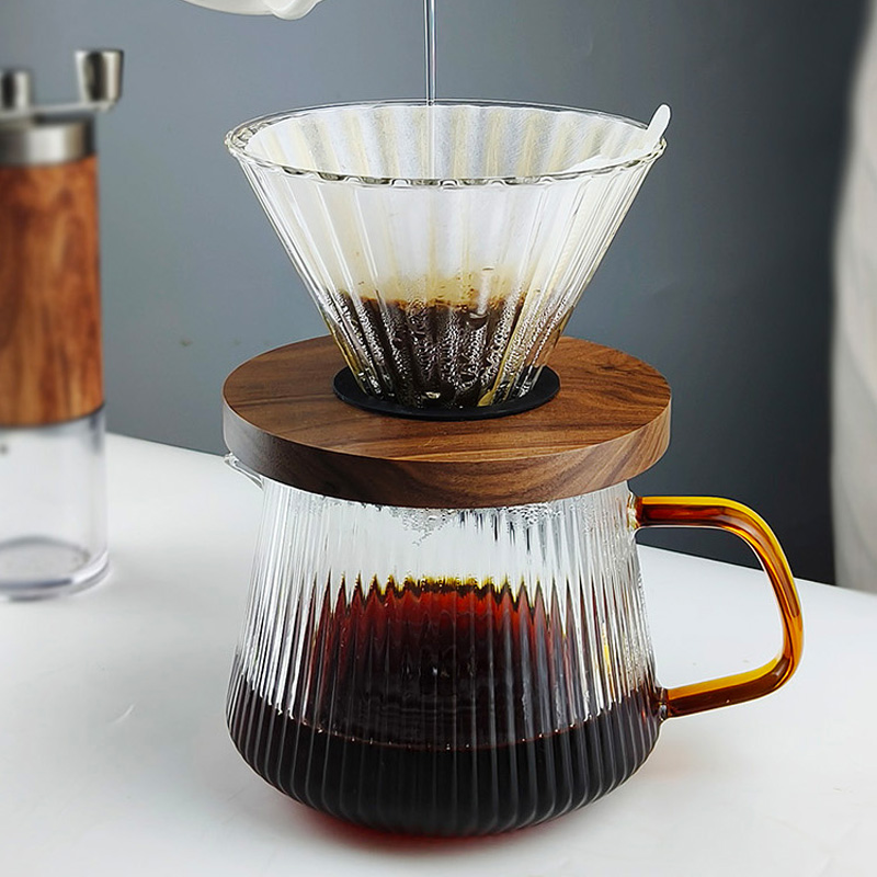 胡桃木托滤杯日式 大容量耐高温玻璃竖纹咖啡分享壶手冲咖啡壶套装