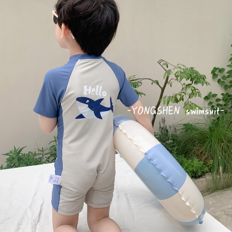 儿童连体短袖 泳衣男童夏季 可爱鲨鱼防晒速干中小童海边度假套装