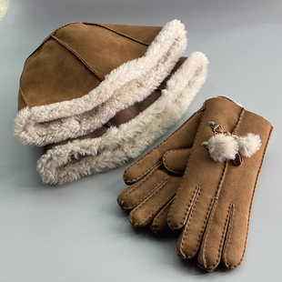 保暖 渔夫帽羊羔毛羊皮真皮手套 老传统工艺纯手工缝皮毛一体帽子