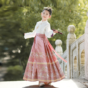 改良明制汉服 2023新中式 国风马面裙日常通勤粉色半身裙女童秋季