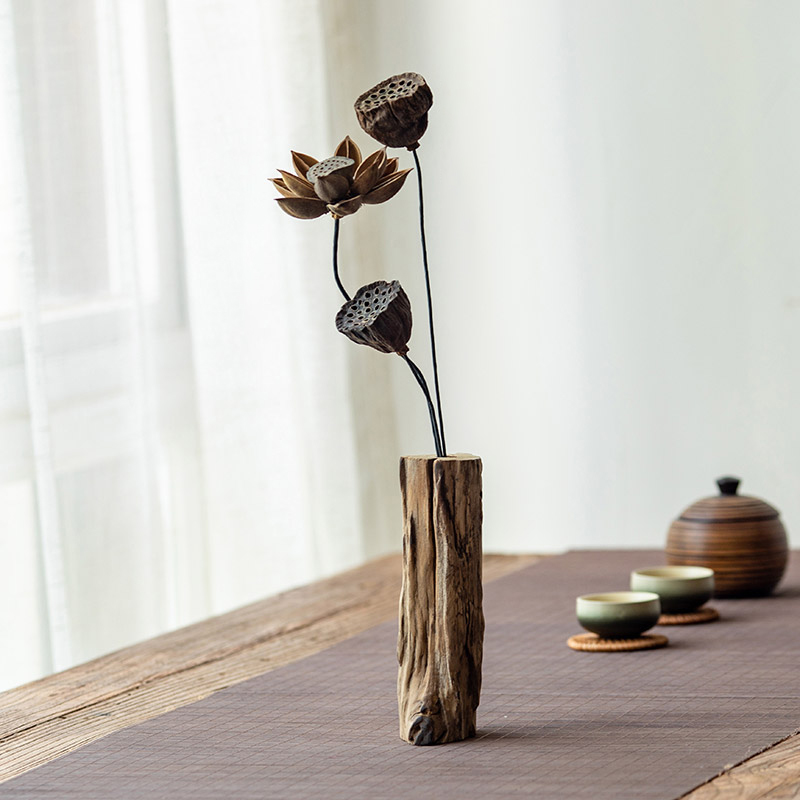 禅意茶室摆件 饰品复古茶台茶艺木头小花瓶创意中式 异丽客厅茶桌装