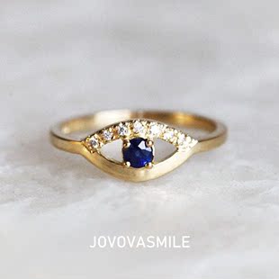 天使之眼天然蓝宝石配钻石戒指定制18k黄金细圈转运戒指食指单戒