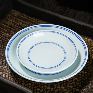 陶瓷网红盘子家用商用汤盘深盘大号盘 双线蓝边景德镇菜盘圆形中式