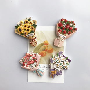 4个 ins创意3D立体树脂玫瑰花康乃馨向日葵百合花束冰箱贴 包邮