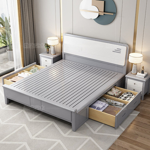 小户型1.8米双人床轻奢实木床1.5储物现代简约公主床白色婚床美式