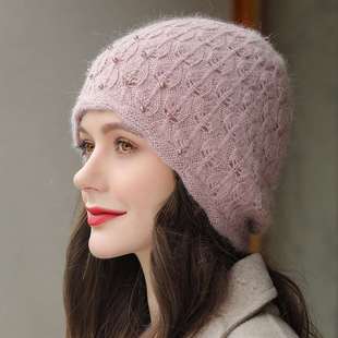 针织包头帽贝雷帽 妈妈保暖套头帽中老年百搭韩版 兔毛帽子女冬季