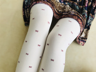 袜奶白色中厚踩脚打底袜子 甜美可爱蝴蝶结提花丝袜女春秋图案连裤
