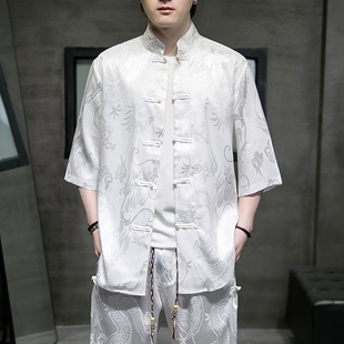中国风男装 唐装 薄款 短袖 中式 上衣 男立领冰丝衬衫 夏季 T恤半袖 大码