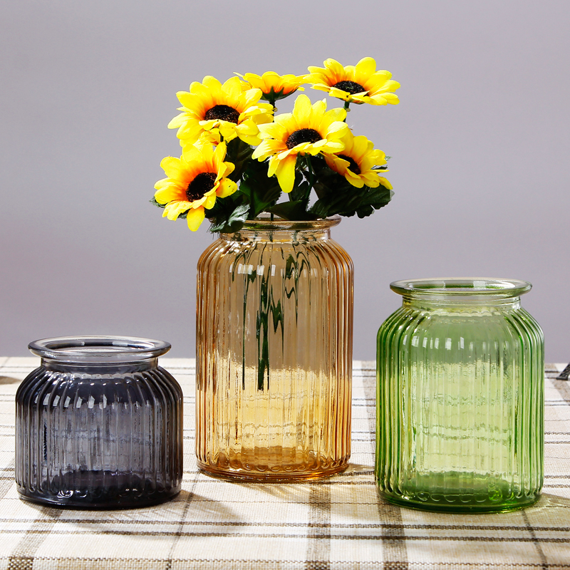 包邮 花瓶大小号水培花瓶玻璃插花瓶客厅家居摆件 透明彩色竖纹欧式