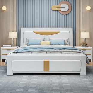 全实木床主卧1.8米橡木双人床简约现代压纹实木床R1.5白色储物婚