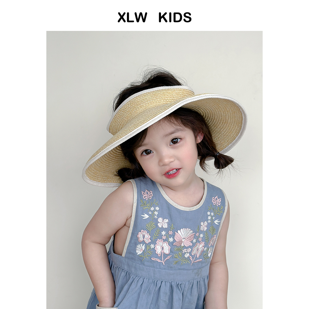 儿童草帽防晒太阳帽户外沙滩遮阳帽女童空顶帽 可折叠便携大檐夏季