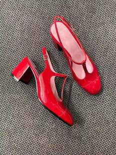 搭扣法式 真皮高跟凉鞋 玛丽珍女鞋 复古方头红色粗跟单鞋 2023新款