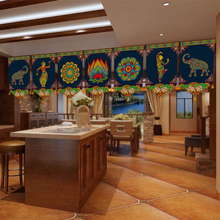 印度风餐厅门头大厅三角旗魔术贴布帘画 饰布帘泰式 东南亚三角装