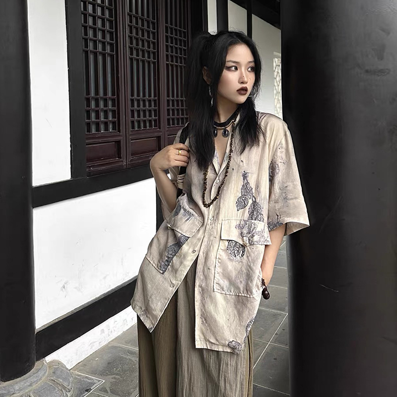 风琴领异型巴洛克扎染短袖 清冷感新中式 女夏季 衬衣无性别穿搭 衬衫