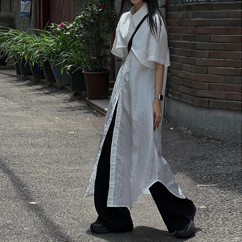 日系设计感小众分层短袖 微透系扣白色连衣裙长款 裙女夏季 显瘦 衬衫