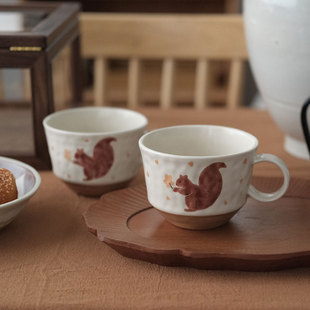 川谷原创哑光松鼠银杏杯家用陶瓷杯咖啡杯