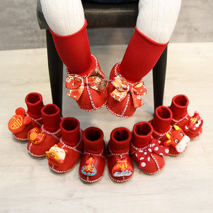 袜 12个月男女宝宝新年红色加厚防风保暖不掉鞋 加绒婴儿鞋 冬季