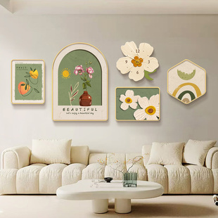 饰画抽象花卉沙发背景墙壁画创意组合带钟表挂画 北欧小清新客厅装