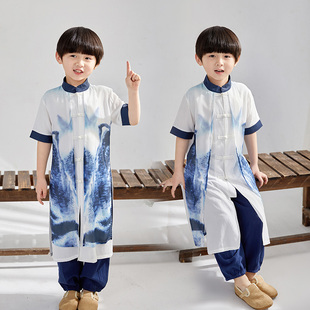 小中大男儿童日常表演夏季 短袖 中国风唐民族朗诵学生儒服 汉服套装