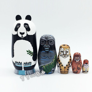五层手绘熊猫动物俄罗斯套娃木制玩具工艺礼品情人节礼物家居摆饰