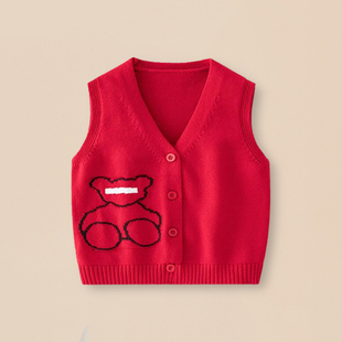 婴儿红色毛衣马甲针织开衫 春秋款 背心马夹 儿童男童宝宝纯棉无袖