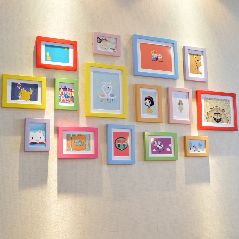实木照片墙彩色简约相框墙15创意组合送卡纸画芯中小型墙面 包邮
