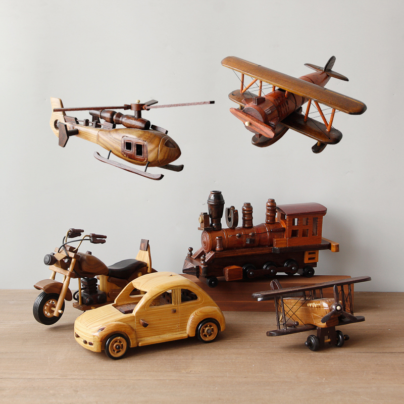 酒柜工艺品 饰品摆件复古美式 创意实木飞机汽车摩托车模型家居装