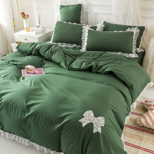 新款 韩式 通用床上用品纯色全棉公主风被套床套 纯棉四件套简约四季