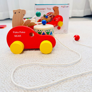 2岁榉木制 儿童小熊敲鼓学步拖拉玩具宝宝拉线牵引手推车拉拉车1