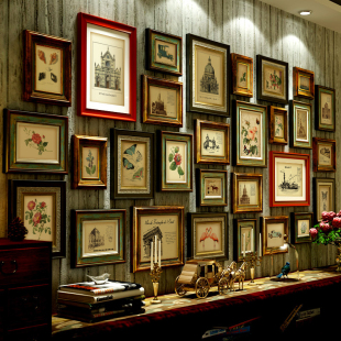 美式 照片墙奢华复古实木相框客厅相片挂墙做旧欧式 饰画 超大组合装
