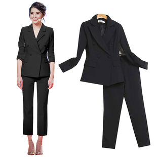外套潮 女裤 两件套韩国修身 显瘦双排扣小西装 职业套装 纯黑白色时尚