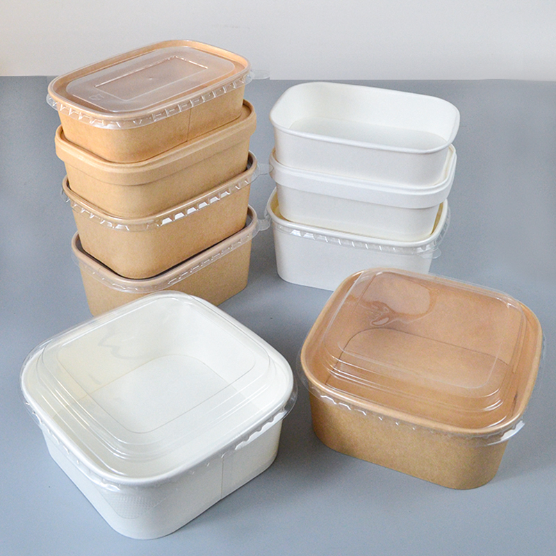 牛皮纸碗正方形一次性轻食打包盒1000ml带盖防雾环保外卖沙拉餐盒