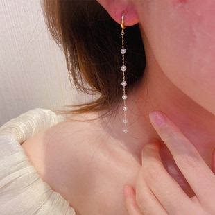 韩国流行10K黄金耳环女 个性 彩金耳扣潮女友礼物 方格珍珠流苏长款