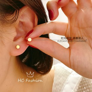 高级韩国流行韩国14K 10K黄金耳钉女 简约光面圆片耳骨钉单只 个性
