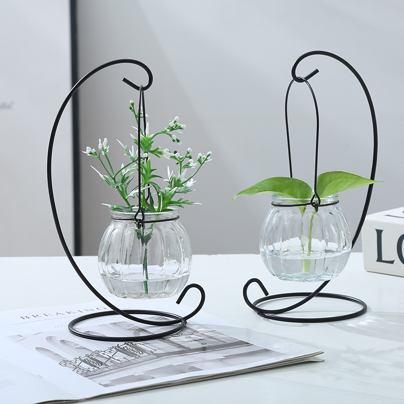 饰品 创意铁架水培绿萝玻璃花瓶容器盆办公室内桌面绿植现代摆件装