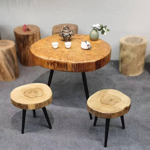 凳喝茶凳子原木实木座椅 现代简约香樟木凳子樟木圆片铁艺木凳换鞋