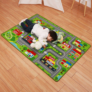 捷成地毯儿童地垫城市交通马路轨道垫子客厅卧室绿色可机洗长方形