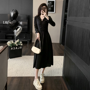黑色裙子 2023新款 收腰显瘦中长款 时尚 设计感气质连衣裙女秋季 法式