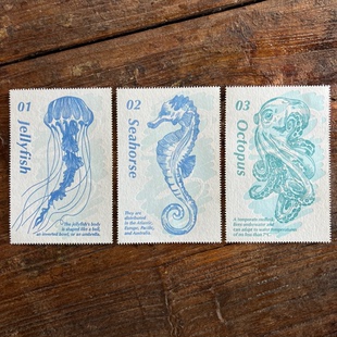 饰画 印刷创意插画大张藏书票可做装 海洋软体动物水母海马章鱼活版