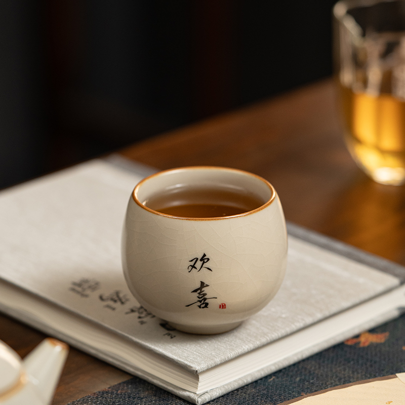 米黄汝窑手写主人杯家用陶瓷功夫茶杯高档个人专用单杯品茗杯茶具