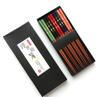 5双装 餐具礼盒便携装 五色方尖头实木筷日式 天然和风家用筷子套装
