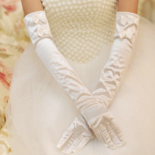 新娘婚纱礼服手套长款 法式 白色缎面珍珠秋冬婚礼保暖防晒手臂套袖