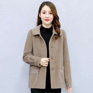 皮毛一体毛呢外套 高端双面呢子大衣短款 韩版 显瘦中年女装 新款 冬季