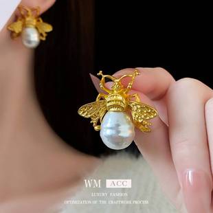 银针褶皱金属蜜蜂珍珠耳钉小众复古耳饰 中古vintage耳环